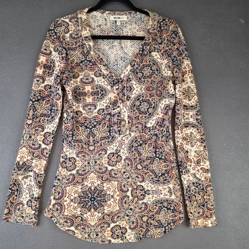 William Rast Womens Paisley Medallion V-Neck Top Studded Buttons Multicolor Mโ